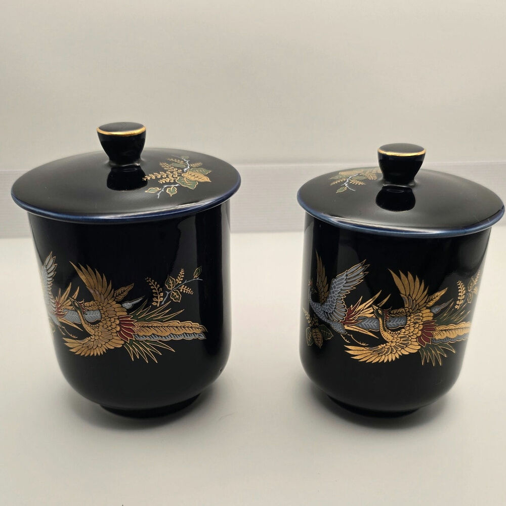 Vintage Rickshaw Japanese Lidded Tea Cups set of 2 Cobalt Blue